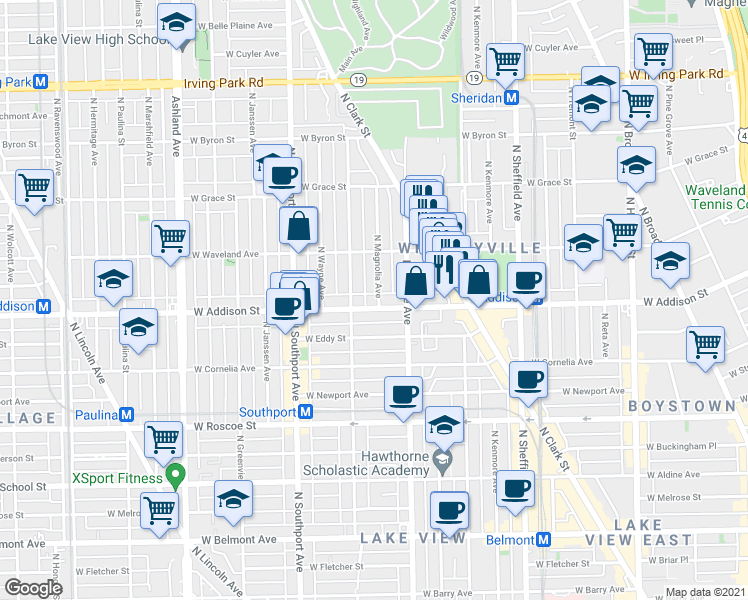 map of restaurants, bars, coffee shops, grocery stores, and more near 1216 West Addison Street in Chicago