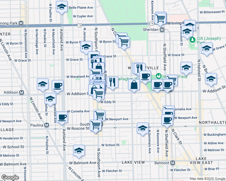 map of restaurants, bars, coffee shops, grocery stores, and more near 3609 North Lakewood Avenue in Chicago