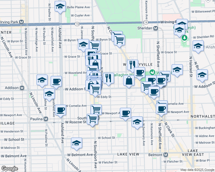 map of restaurants, bars, coffee shops, grocery stores, and more near 3609 North Lakewood Avenue in Chicago