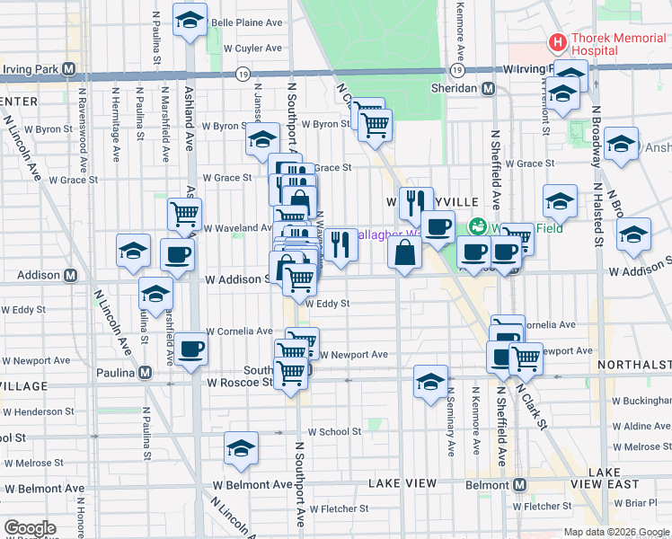 map of restaurants, bars, coffee shops, grocery stores, and more near 3609 North Lakewood Avenue in Chicago