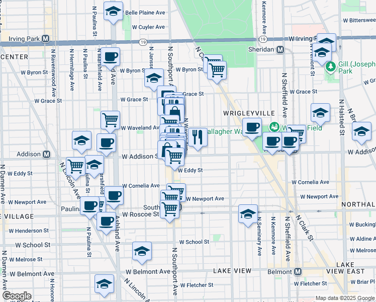 map of restaurants, bars, coffee shops, grocery stores, and more near 3610 North Wayne Avenue in Chicago