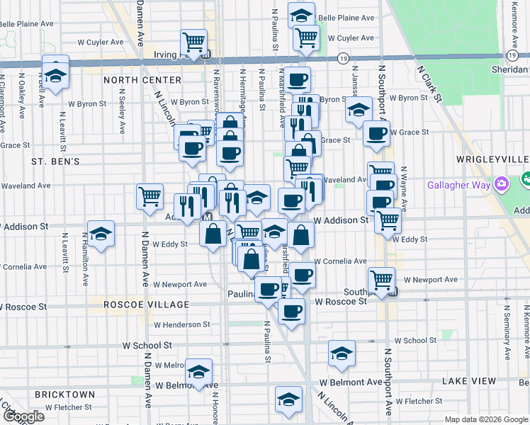 map of restaurants, bars, coffee shops, grocery stores, and more near 3615 North Hermitage Avenue in Chicago