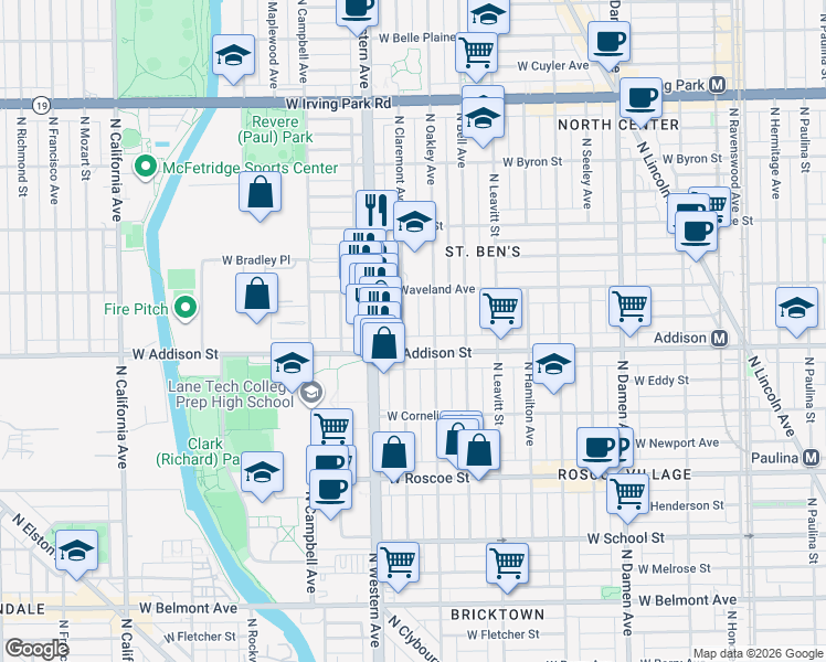 map of restaurants, bars, coffee shops, grocery stores, and more near 3621 North Claremont Avenue in Chicago