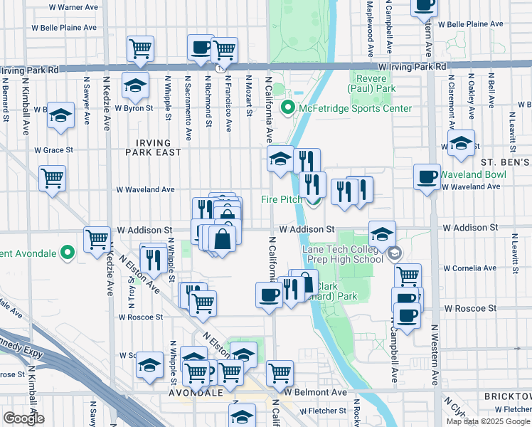map of restaurants, bars, coffee shops, grocery stores, and more near 3627 North Mozart Street in Chicago