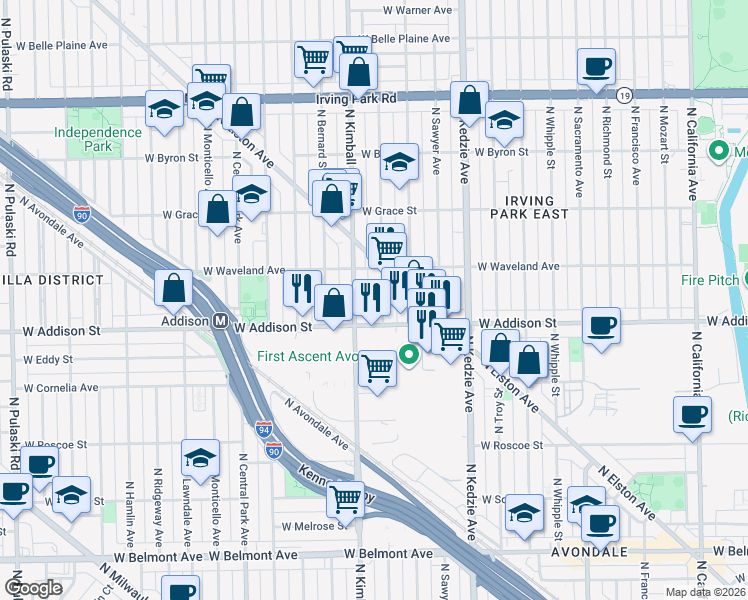 map of restaurants, bars, coffee shops, grocery stores, and more near 3631 North Kimball Avenue in Chicago