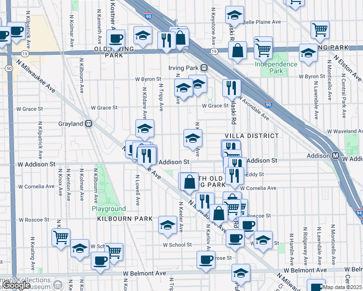 map of restaurants, bars, coffee shops, grocery stores, and more near 3635 North Keeler Avenue in Chicago