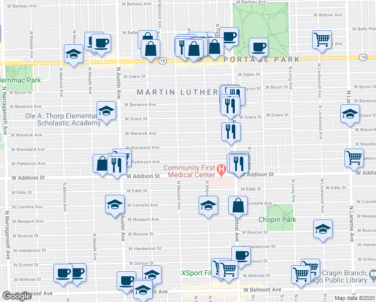 map of restaurants, bars, coffee shops, grocery stores, and more near 5743 West Waveland Avenue in Chicago