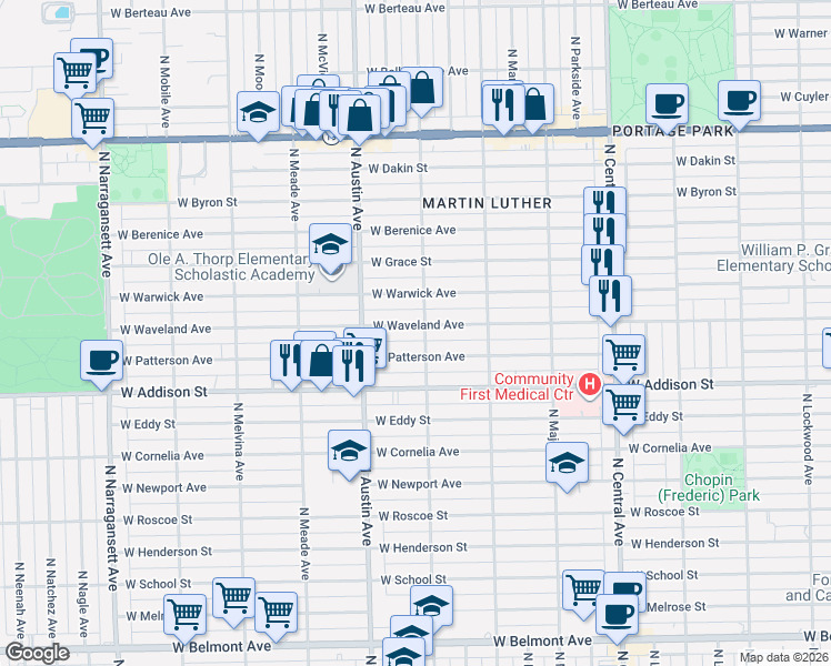 map of restaurants, bars, coffee shops, grocery stores, and more near 5857 West Waveland Avenue in Chicago