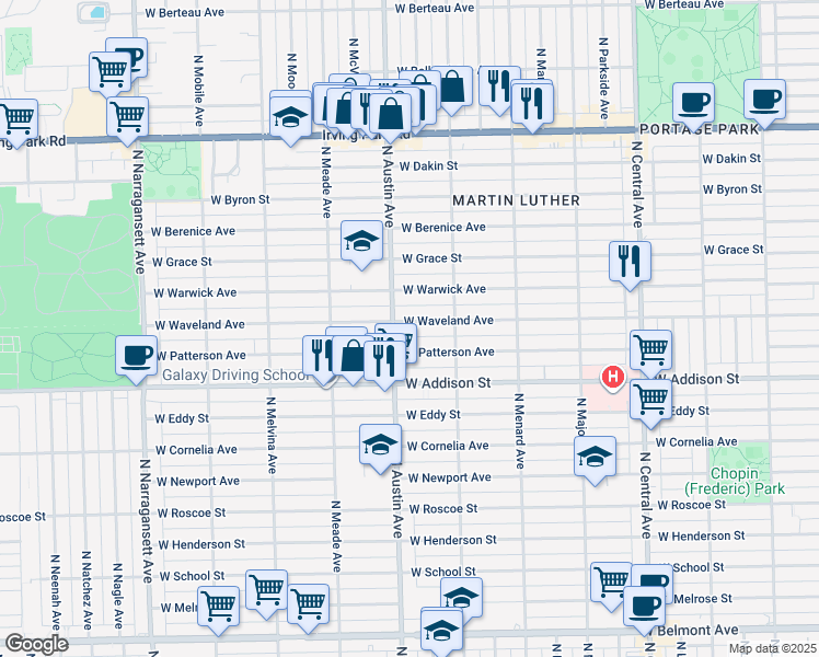 map of restaurants, bars, coffee shops, grocery stores, and more near 5935 West Waveland Avenue in Chicago