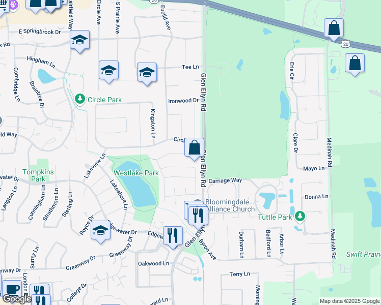 map of restaurants, bars, coffee shops, grocery stores, and more near 243 Tamarack Drive in Bloomingdale