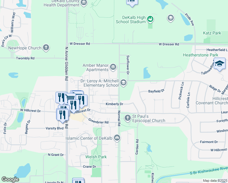map of restaurants, bars, coffee shops, grocery stores, and more near 809 Edgebrook Drive in DeKalb