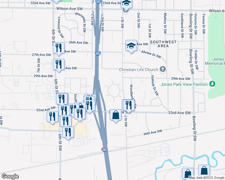 map of restaurants, bars, coffee shops, grocery stores, and more near 3000 J Street Southwest in Cedar Rapids