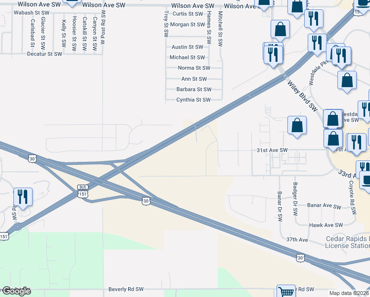 map of restaurants, bars, coffee shops, grocery stores, and more near 5001 Williams Boulevard Southwest in Cedar Rapids