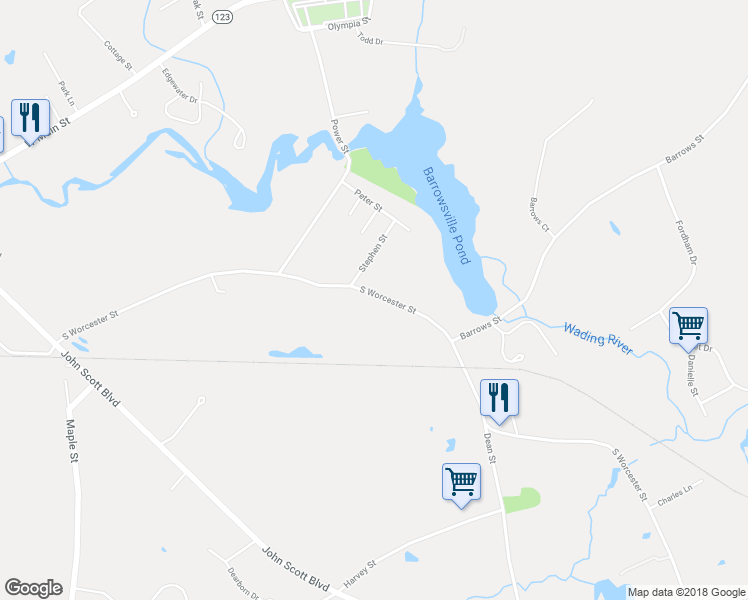 map of restaurants, bars, coffee shops, grocery stores, and more near 157 South Worcester Street in Norton