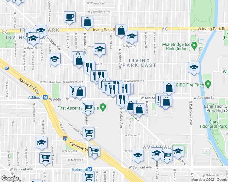 map of restaurants, bars, coffee shops, grocery stores, and more near 3625 North Sawyer Avenue in Chicago
