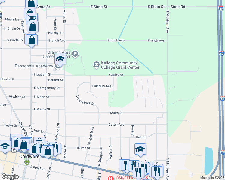 map of restaurants, bars, coffee shops, grocery stores, and more near 74 Thompson Boulevard in Coldwater