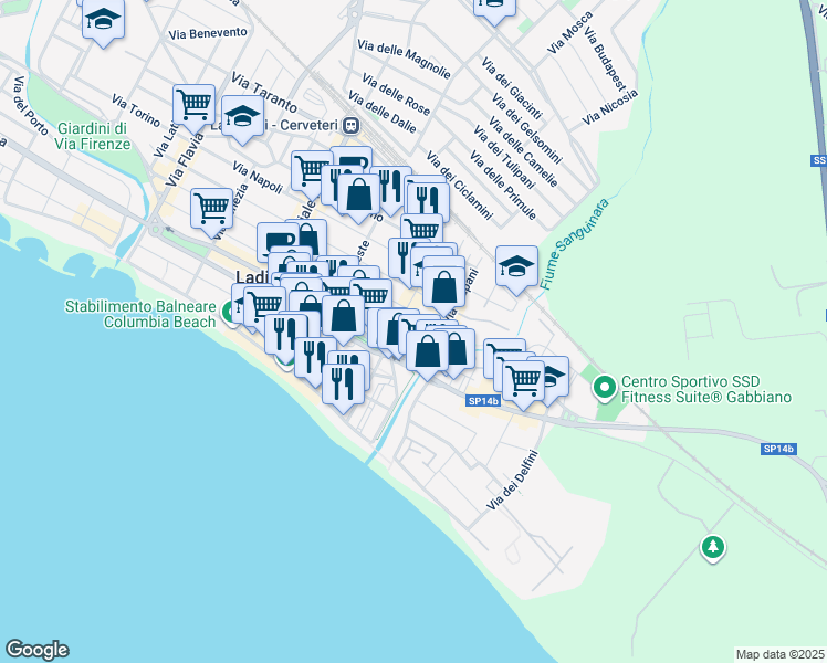 map of restaurants, bars, coffee shops, grocery stores, and more near 14 Via Fiume in Ladispoli