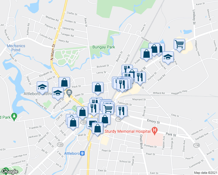 map of restaurants, bars, coffee shops, grocery stores, and more near 8 Perrin Street in Attleboro