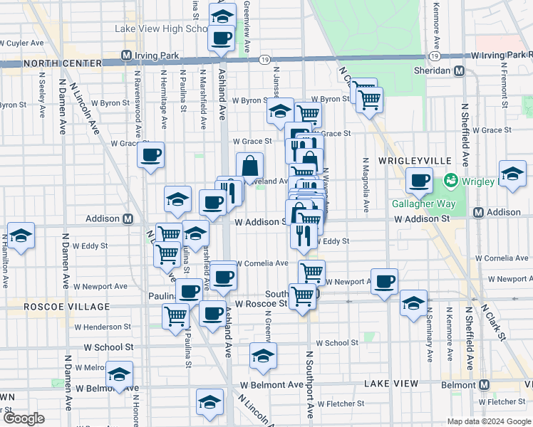 map of restaurants, bars, coffee shops, grocery stores, and more near 3613 North Greenview Avenue in Chicago
