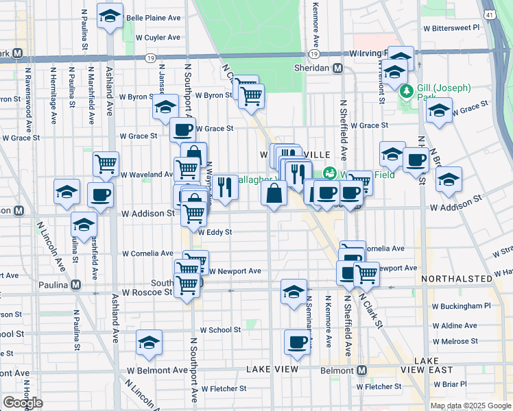 map of restaurants, bars, coffee shops, grocery stores, and more near 1216 West Addison Street in Chicago