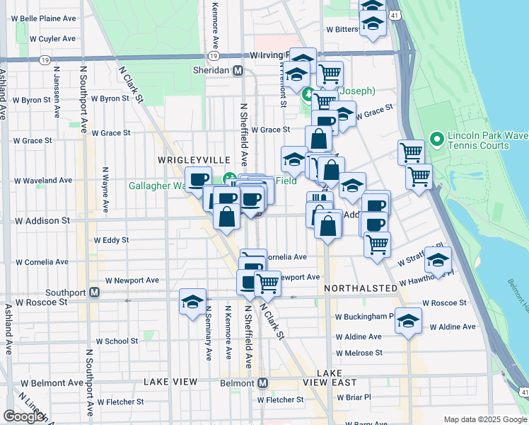 map of restaurants, bars, coffee shops, grocery stores, and more near 3614 North Wilton Avenue in Chicago