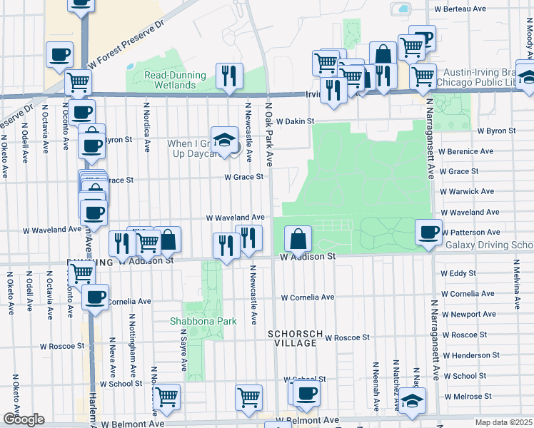map of restaurants, bars, coffee shops, grocery stores, and more near 3700 North Oak Park Avenue in Chicago