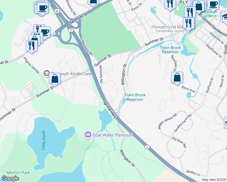 map of restaurants, bars, coffee shops, grocery stores, and more near 2 Chapel Hill Drive in Plymouth