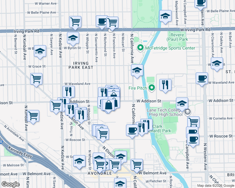 map of restaurants, bars, coffee shops, grocery stores, and more near 3625 North Francisco Avenue in Chicago