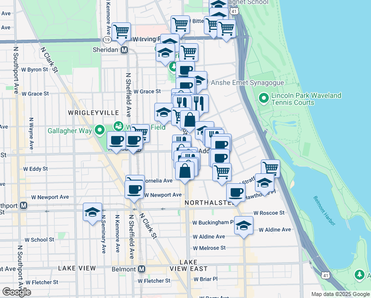 map of restaurants, bars, coffee shops, grocery stores, and more near 3600 North Halsted Street in Chicago