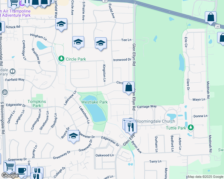map of restaurants, bars, coffee shops, grocery stores, and more near 223 Tamarack Drive in Bloomingdale