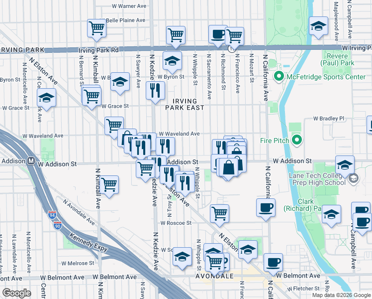 map of restaurants, bars, coffee shops, grocery stores, and more near 3625 North Albany Avenue in Chicago