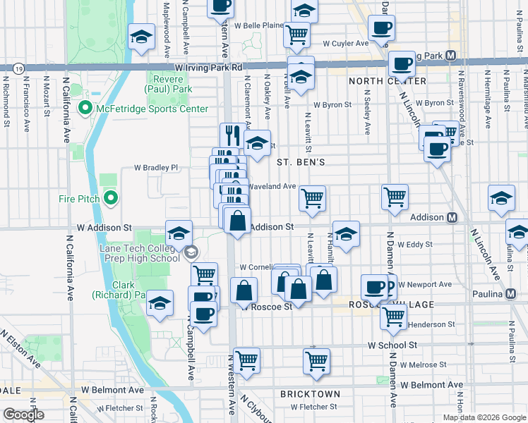 map of restaurants, bars, coffee shops, grocery stores, and more near 3621 North Oakley Avenue in Chicago