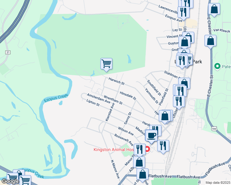 map of restaurants, bars, coffee shops, grocery stores, and more near 595 Kiersted Avenue in Kingston
