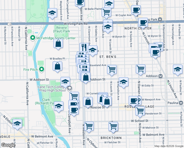 map of restaurants, bars, coffee shops, grocery stores, and more near 3621 North Claremont Avenue in Chicago