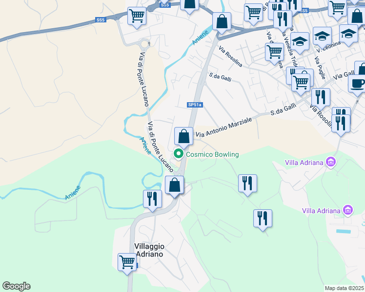 map of restaurants, bars, coffee shops, grocery stores, and more near Via Maremmana Inferiore in Rome