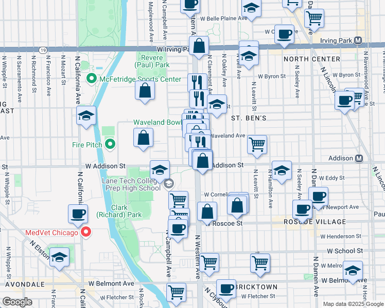 map of restaurants, bars, coffee shops, grocery stores, and more near 3622 North Western Avenue in Chicago