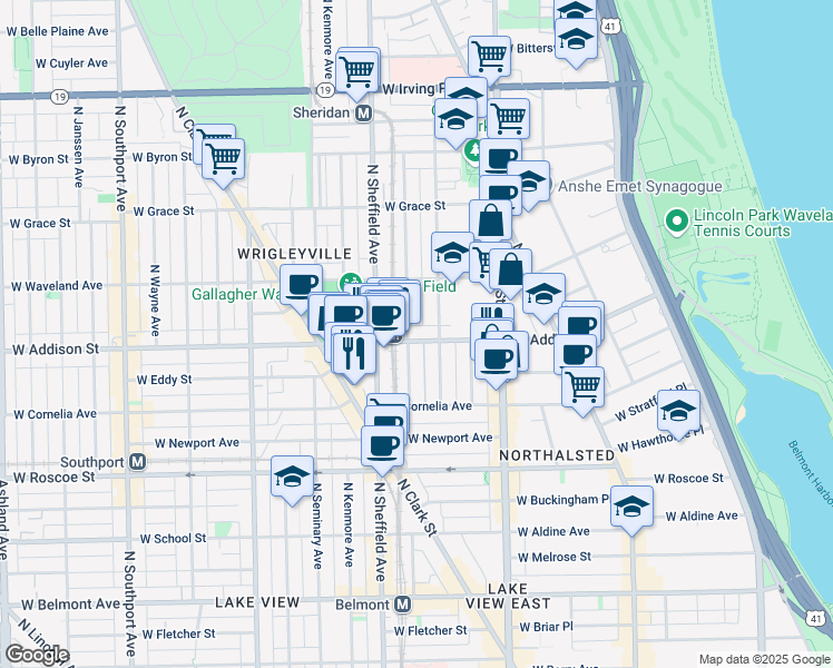 map of restaurants, bars, coffee shops, grocery stores, and more near 918 West Addison Street in Chicago