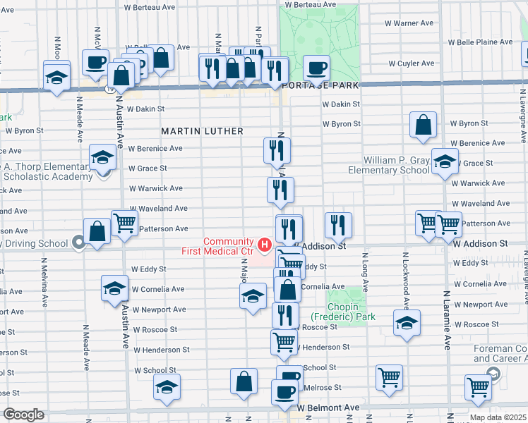 map of restaurants, bars, coffee shops, grocery stores, and more near 5629 West Waveland Avenue in Chicago