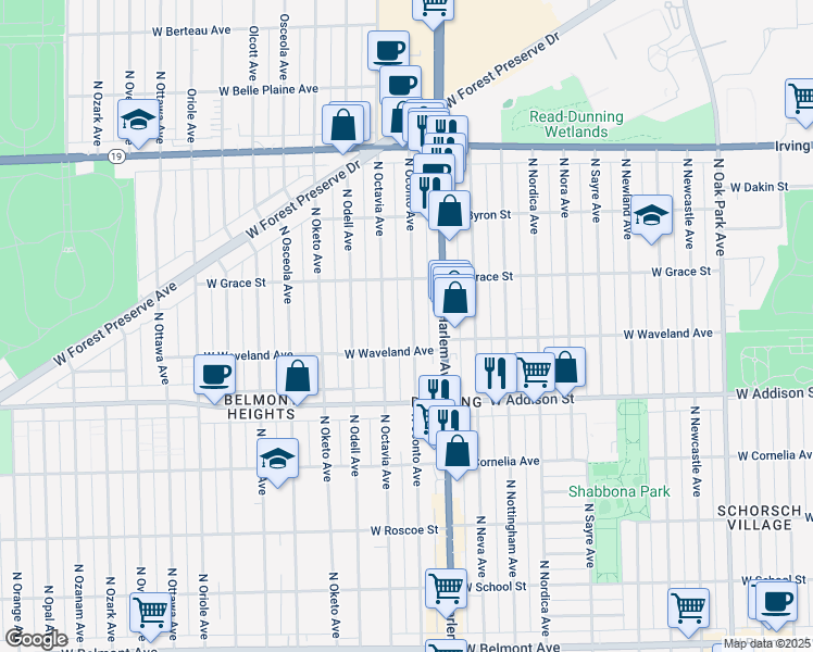 map of restaurants, bars, coffee shops, grocery stores, and more near 3724 North Oconto Avenue in Chicago
