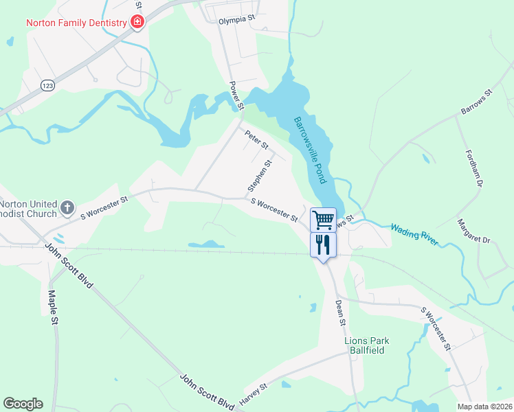 map of restaurants, bars, coffee shops, grocery stores, and more near 155 South Worcester Street in Taunton