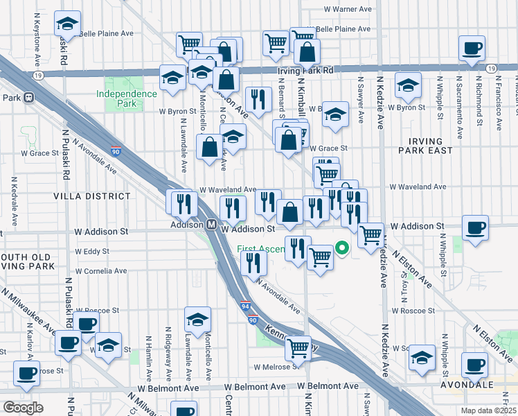 map of restaurants, bars, coffee shops, grocery stores, and more near 3630 North Saint Louis Avenue in Chicago