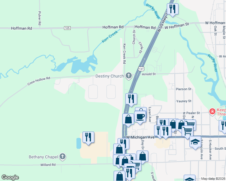 map of restaurants, bars, coffee shops, grocery stores, and more near 58464 Pleasant View Court in Three Rivers