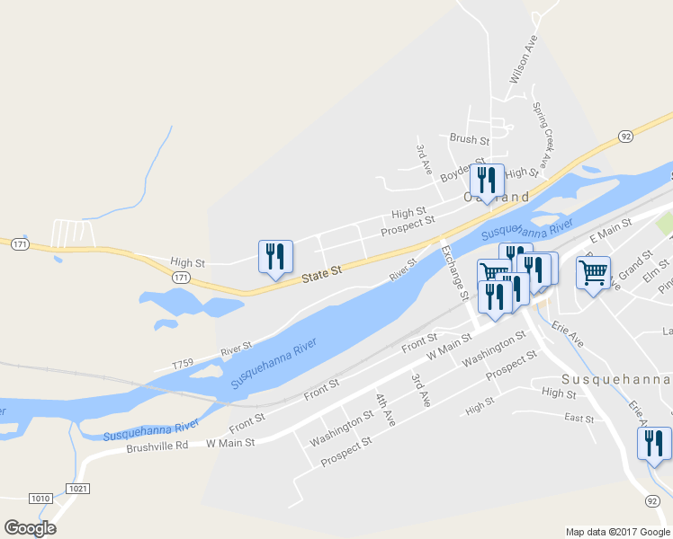 map of restaurants, bars, coffee shops, grocery stores, and more near Highway 171 in Susquehanna
