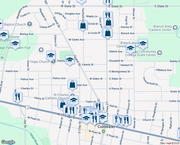 map of restaurants, bars, coffee shops, grocery stores, and more near 33 West Montgomery Street in Coldwater