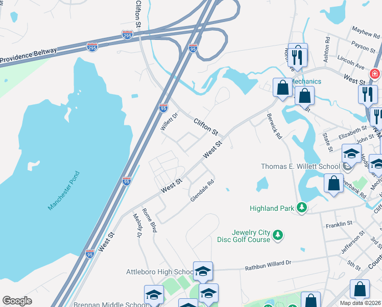 map of restaurants, bars, coffee shops, grocery stores, and more near 16 Blackstone Road in Attleboro