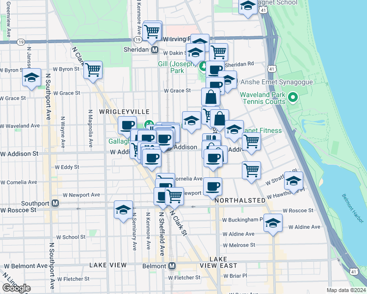 map of restaurants, bars, coffee shops, grocery stores, and more near 910 West Addison Street in Chicago