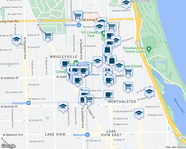 map of restaurants, bars, coffee shops, grocery stores, and more near 910 West Addison Street in Chicago