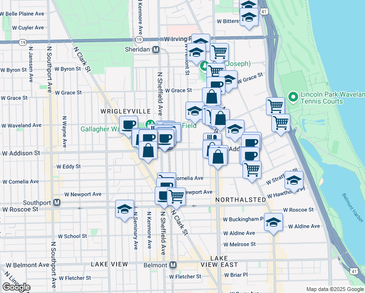 map of restaurants, bars, coffee shops, grocery stores, and more near 910 West Addison Street in Chicago