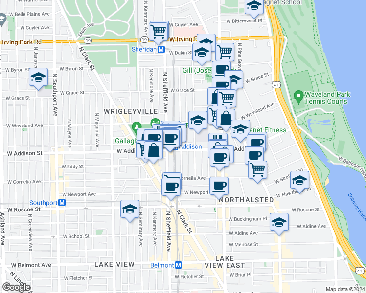 map of restaurants, bars, coffee shops, grocery stores, and more near 910 West Addison Street in Chicago