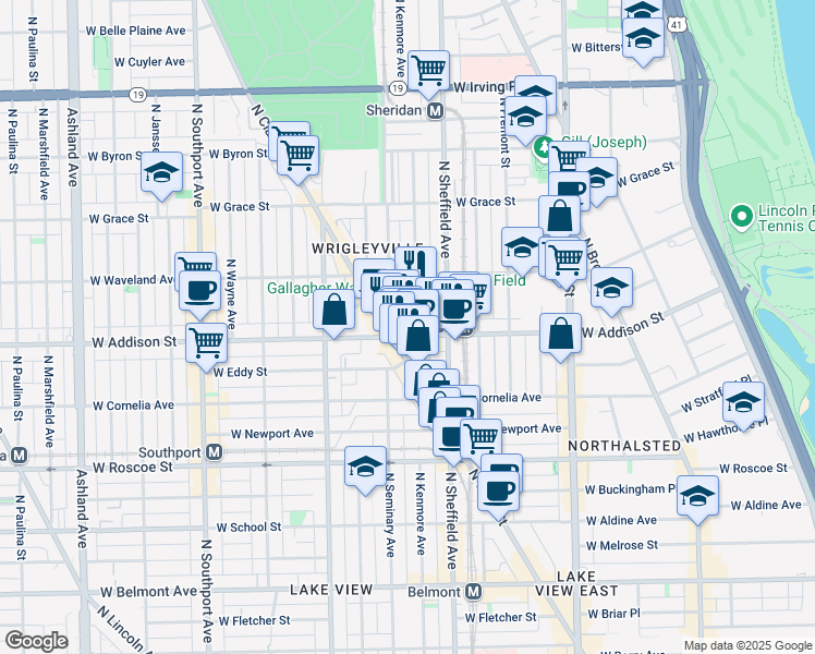 map of restaurants, bars, coffee shops, grocery stores, and more near 1023 West Addison Street in Chicago